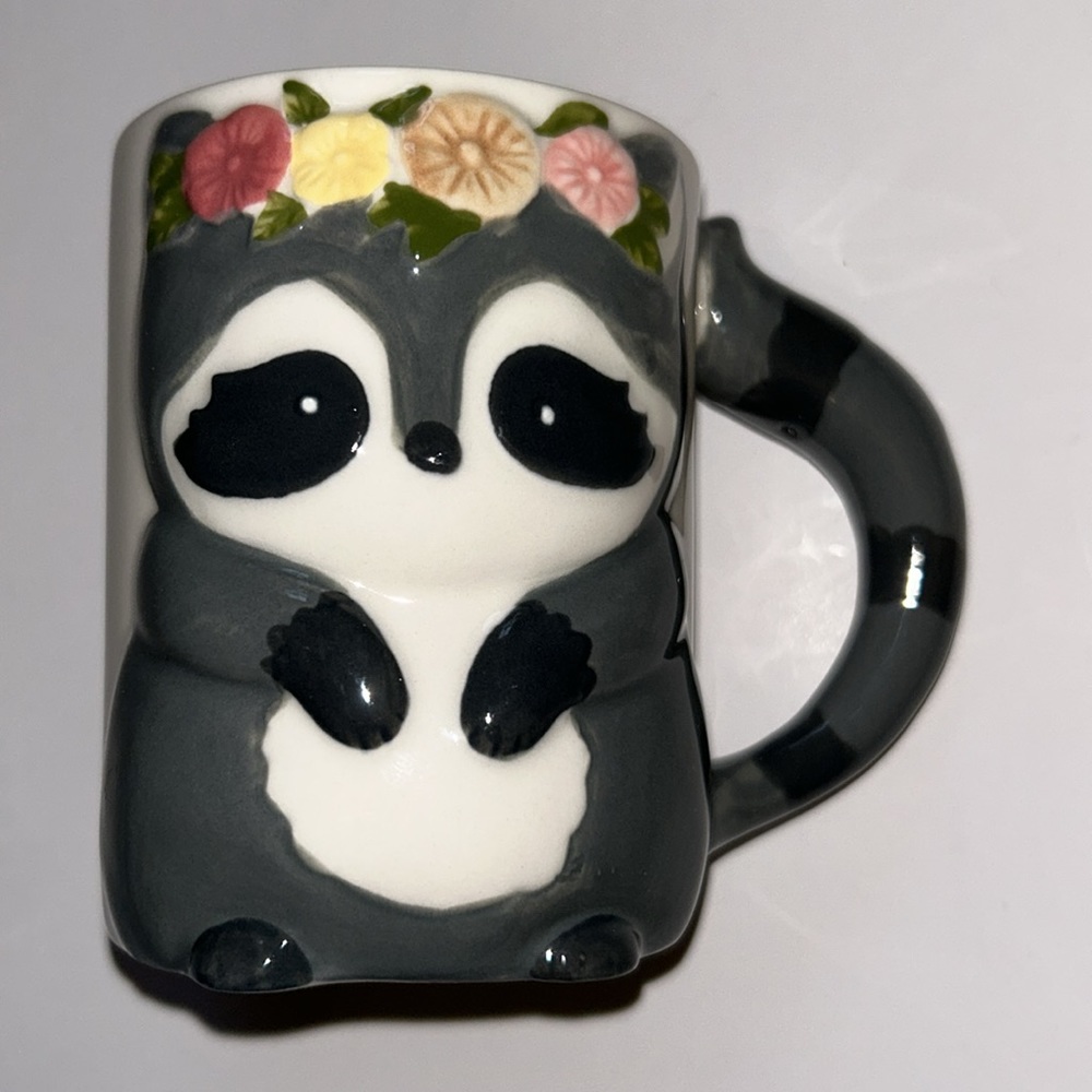 Francesca’s raccoon mug with flower headband . New